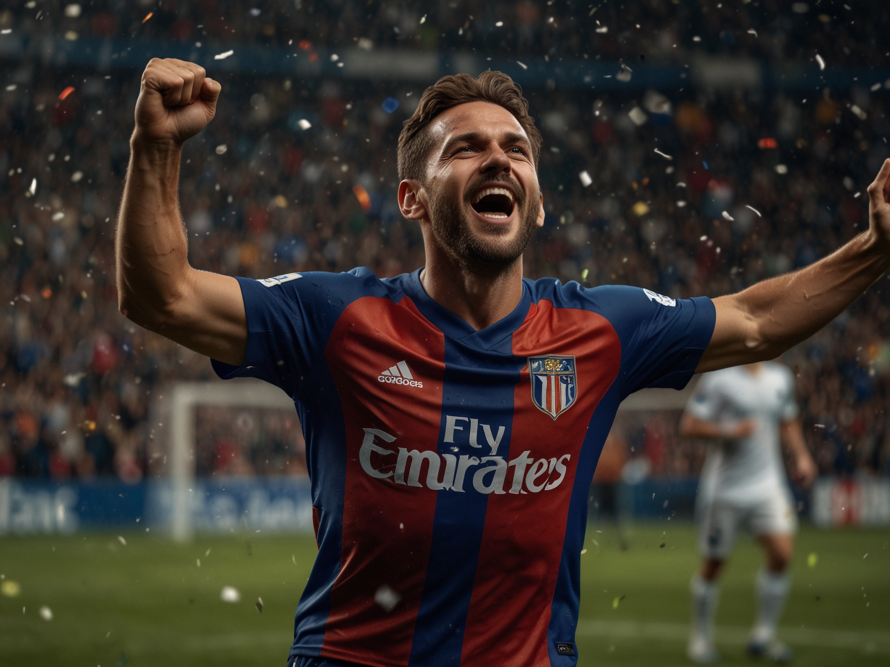 Jugador de fútbol celebrando un gol con colores de Mostbet